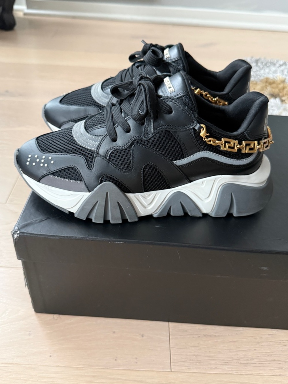 Versace Squalo Runner Black, Gray, white & Gold Chain Trim Sneakers